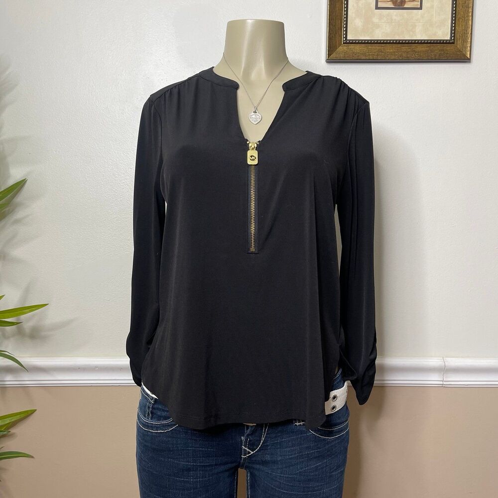 Michael Kors Women’s V-Neck Gold Hardware Half Zip Blouse Top - Picture 3 of 9